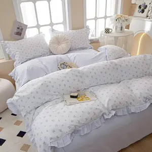 Blue Twin XL Aesthetic Floral Ruffle 100% Cotton Duvet Cover Teen Girls Flower Comforter Cover with Zipper Closure 3 Pcs Romantic Aesthetic Bedding Sets 68"x90"