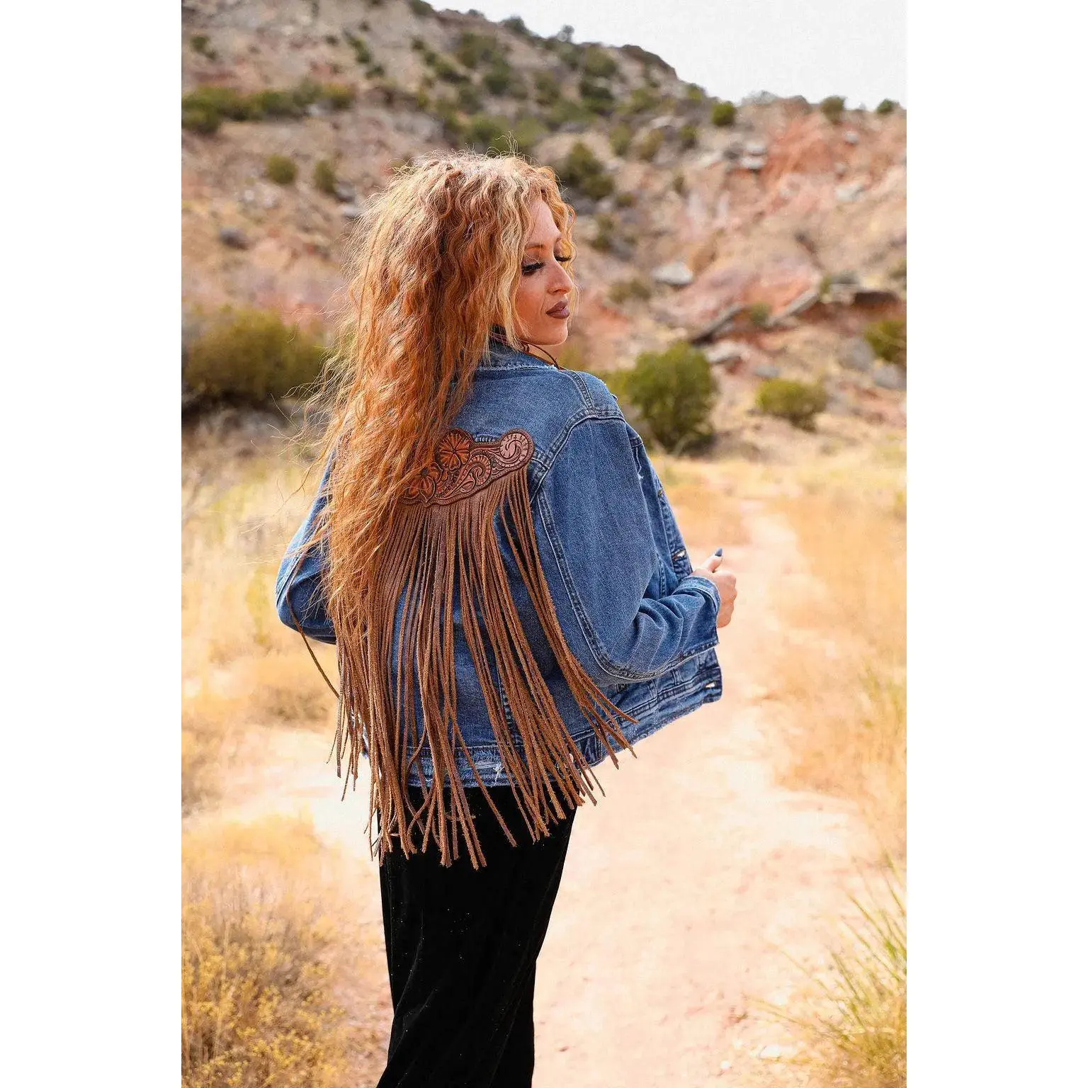 Handtooled Leather Denim Jacket in Brown and Golden Tan with Xtra Long Fringe