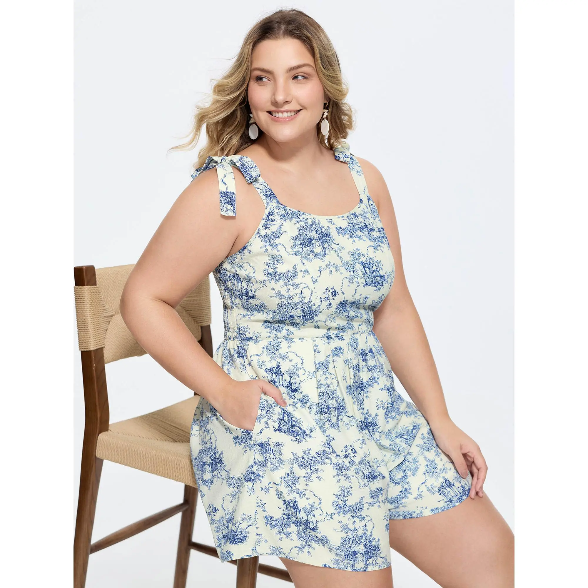 Women's Floral Jumpsuit, Sleeveless Resort Style with Smocked Bodice and Bowknot Ties, Flattering Cropped Polyester Fit with Pockets, Flowers, Looks Simple But Still Flattering On Curves, Spandex, Overalls, Smooth