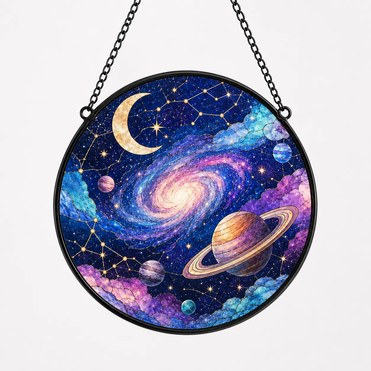 Galaxy Acrylic Suncatcher, Celestial Window Hanging, Stained Glass Style Moon and Saturn Ornament, Cosmic Space Decor, Planet Sun Catcher for Bedroom, Nursery, Dorm, Astrology Gift