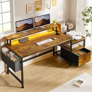 Desk with Drawers and Printer Space,Computer Desk with Power Outlets,Home Office Desks with File Drawers Cabinet,Study and Gaming Desk with Shelves Monitor Stand,Rustic Brown