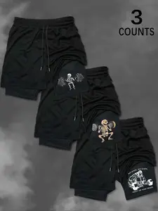 Men's 3-Pack Summer Weightlifting Print Shorts, Funny Sports Shorts, Sporty Casual Style, Waist Drawstring Design, Ideal for Gym or Daily Wear