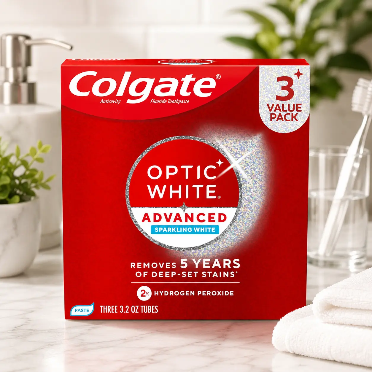 Colgate Optic White Advanced Hydrogen Peroxide Toothpaste, 3 Pack, 3.2 oz | Sparkling White, Teeth Whitening Toothpaste, Removes 5 Years of Deep-Set Coffee, Tea, and Wine Stains, Enamel Safe Formula