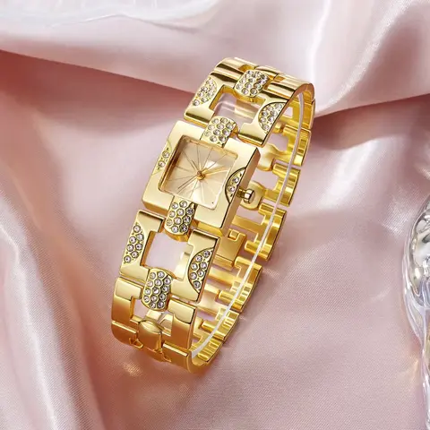 Women's 2026 Retro Square Analog Face Fashion Watch - Crystal Accents, Diamond Style, Encrusted Gold Alloy Bracelet, Buckle Closure, Quartz Timepiece, Encrusted Gold, Rhinestone, Fashion Watches