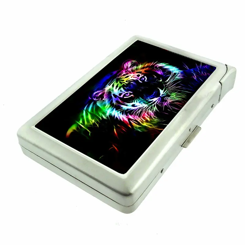 Neon Rainbow Tiger 100's Sized Metal Case with Built in Lighter Wallet