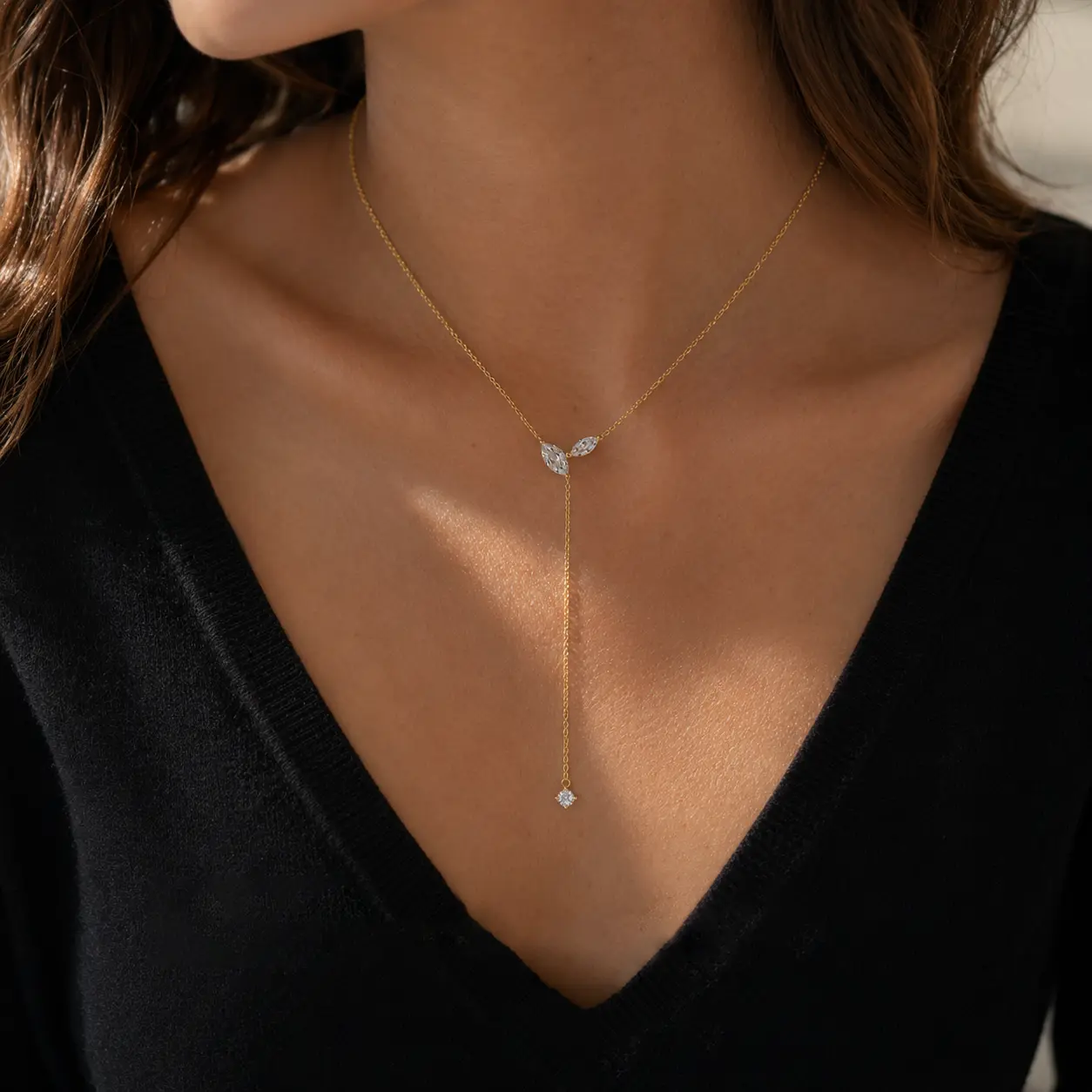 14K Gold Plated Y Necklace for Women, Dainty Marquise Cubic Zirconia Lariat Drop Necklace, Sparkling CZ Y-Shaped Pendant Necklace, Elegant Jewelry Gifts for Wedding Anniversary Birthday