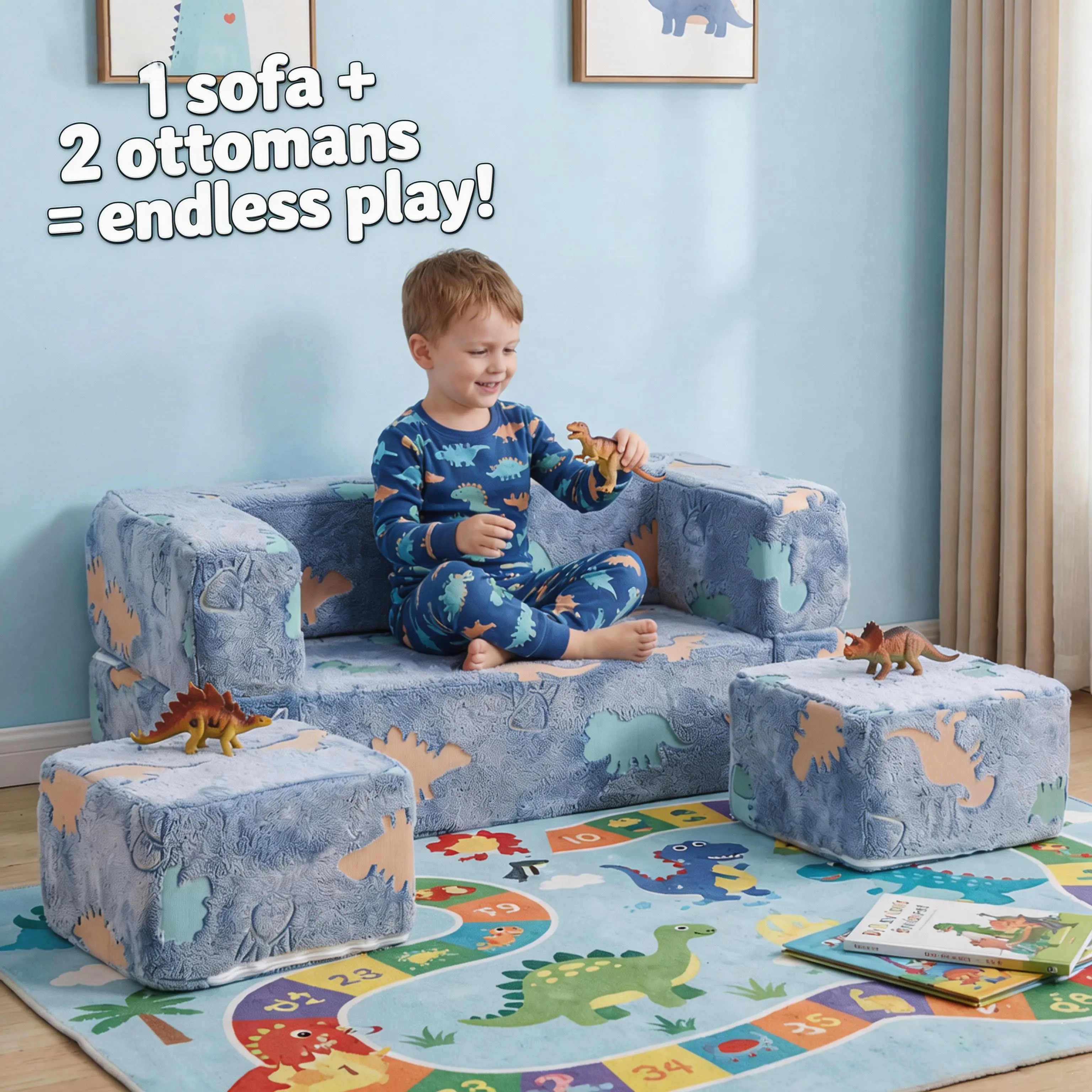 Large Flannel Kids Convertible Sofa Bed - Cartoon Blue Dinosaur Sturdy Folding Toddler Couch, Easy-to-Clean Children's Furniture for Reading, Sleeping, Bedroom, Birthday Gift