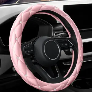 Cute  Soft Light  Leather Anti-Slip Steering Wheel Cover with Bling Bling  Rhinestones, Universal 15 Inch for Women Girls, Fit , Sedans, SUVs, ,