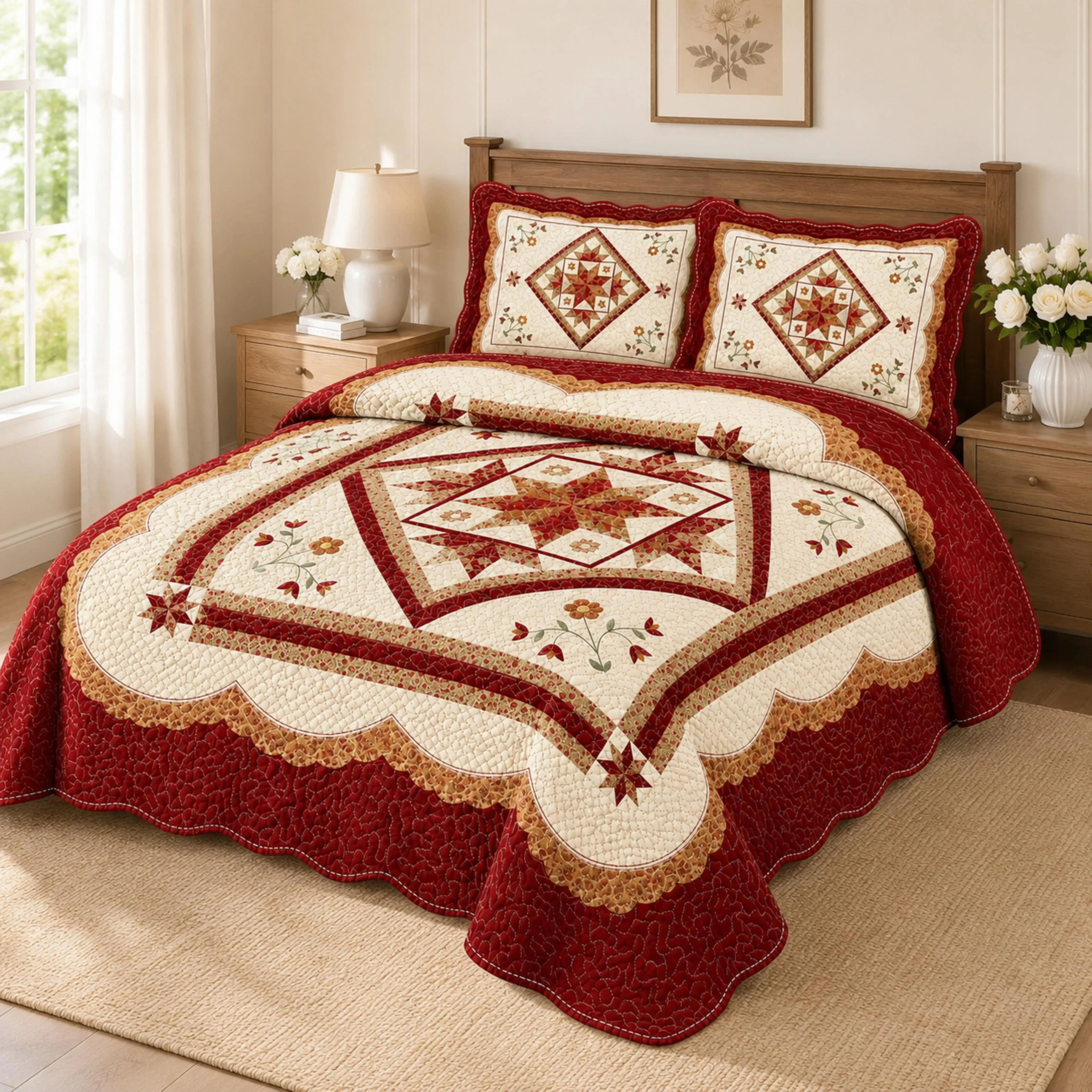 3pcs Queen Size Quilt 86" x 94", Vintage Farmhouse Patchwork Quilt Set, Rustic Country Cottage Star Medallion Floral Quilt, Burgundy & Cream Traditional Patchwork Bedspread, Classic Americana Coverlet, Soft Lightweight All Season Bedding