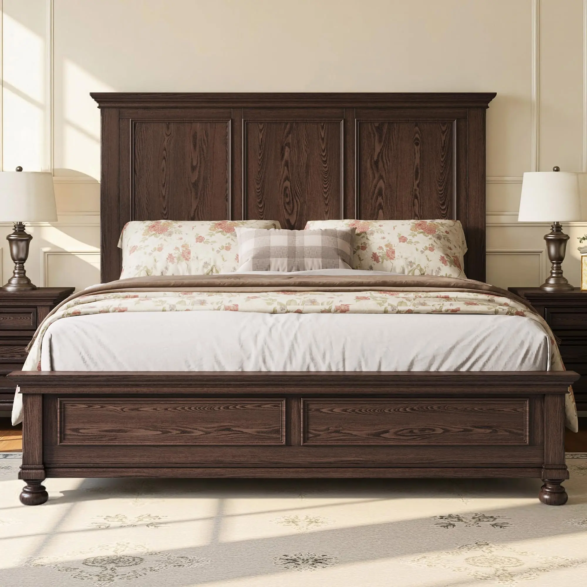 [Ships in 2 Boxes] AMERLIFE Solid Wood Bed Frame with 65.2" High Headboard, Traditional Platform Bed with Heavy Duty Slats, No Box Spring Needed, Easy Assembly[tiktokshopbacktoschool][SohoChic]