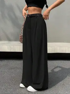 Solid Color Waistband Loose-Fit Women's Straight Leg Pants, Comfortable Stretch Fabric, Durable Wear, All Season Wear, Versatile Casual Bottoms, Casual Lounge Pants, Casual Fashion Pants