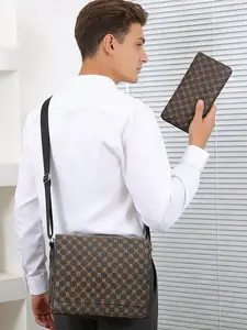 Men's 2-Piece Monogram Crossbody Bag Set - Vintage Faux Leather Messenger Bag with Adjustable Strap + Zipper Wallet, Stylish Crossbody, Large Capacity & Multi-Pocket Design for Daily Commute, Business & Travel