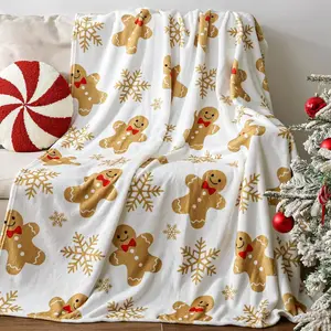 Christmas Gingerbread Throw Blanket: Ultra Soft White Flannel Plush Gingerbread Man Bed Blanket, Lightweight Cozy Christmas Blanket for Couch Sofa Bed Living Room Home Decor Gifts, 50"x60", Printed on One Side with a Plain White Back, Halloween Thanksgivi