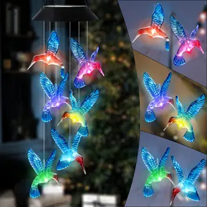 1pc Solar Wind Chime Light with 6LED Blue Hummingbird Crystal Decoration, Pendant Landscape Light, Light Sensor Control, No Remote Control, with 600mAh Nickel Battery, Suitable for Outdoor Garden, Patio, Sidewalk, Party Decoration and Holiday Gift Color C