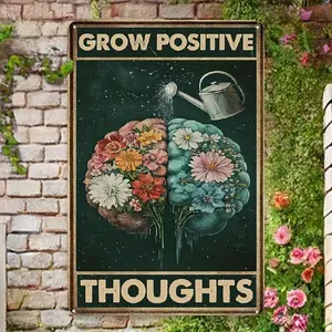 Decorative Signs And Plaques Vintage Metal Wall Sign - Grow Positive Thoughts with Floral Brain Design, 8X12 Inch Motivational Home Decor for Living Room, Kitchen, Office And Garden, Home Decor Aesthetic