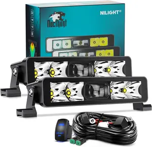Nilight 8in Single Row Spot LED Light Bar, 2PCS 5LED Screw-Less Night Vision LED Work Light, 18AWG Rocker Switch Wiring Harness Kit for Off-Road Trucks, ATVs
