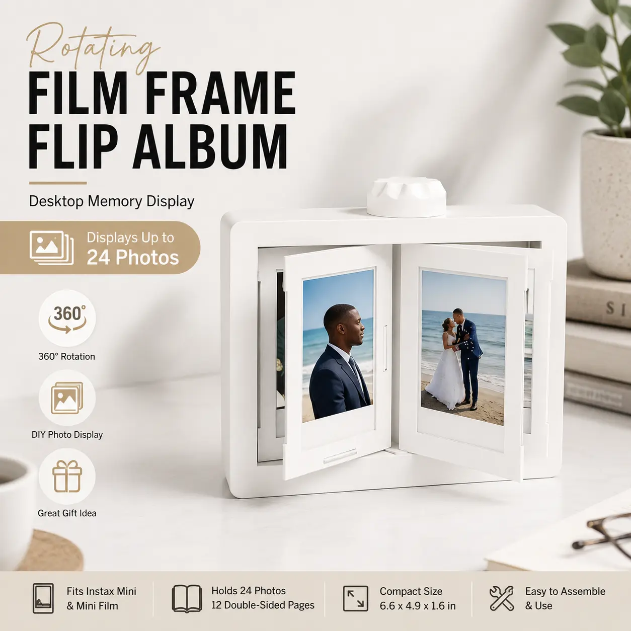 Desktop Rotating Flip Photo Holder, 24-Slot Mini Album Display Box for Cards, Pictures, Keepsakes, Office Decor & Collector Gifts