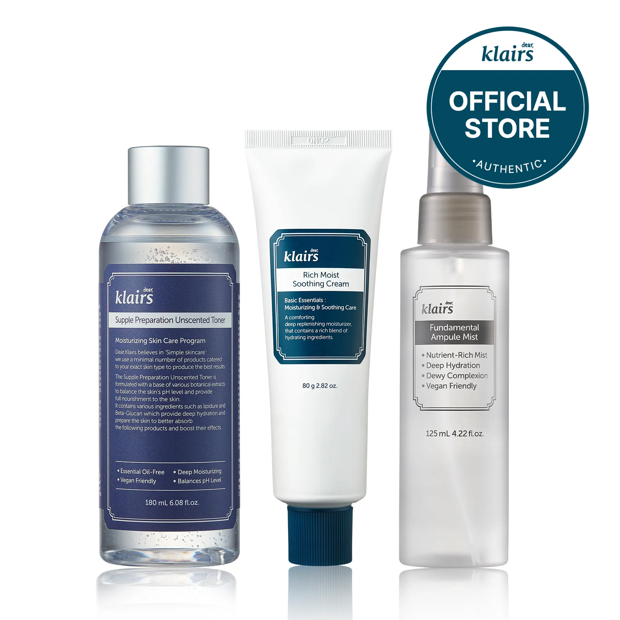 [Dear Klairs Official] All-day Moisturizing Kit - Supple Preparation Unscented Toner 180ml, Rich Moist Soothing Cream 80ml, Fundamental Ampoule Mist 125ml - Facial Serums Set for Skin Repair
