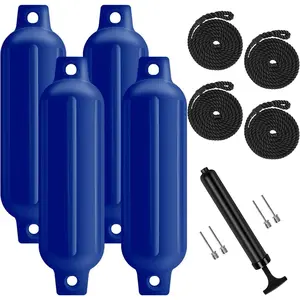 Boat Fenders 4 Pack, Ribbed Twin Eyes Boat Fenders Bumpers for Docking, Inflatable Marine Boat Bumper with 4 Ropes, 4 Needles and 1 Pump