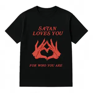 2026 New Unisex Crewneck Tee Everyday Comfort Shirt Mens Retro Edgy Graphic TShirt Featuring Satan Loves You Print Perfect for Vintage Streetwear and Holiday Gifting