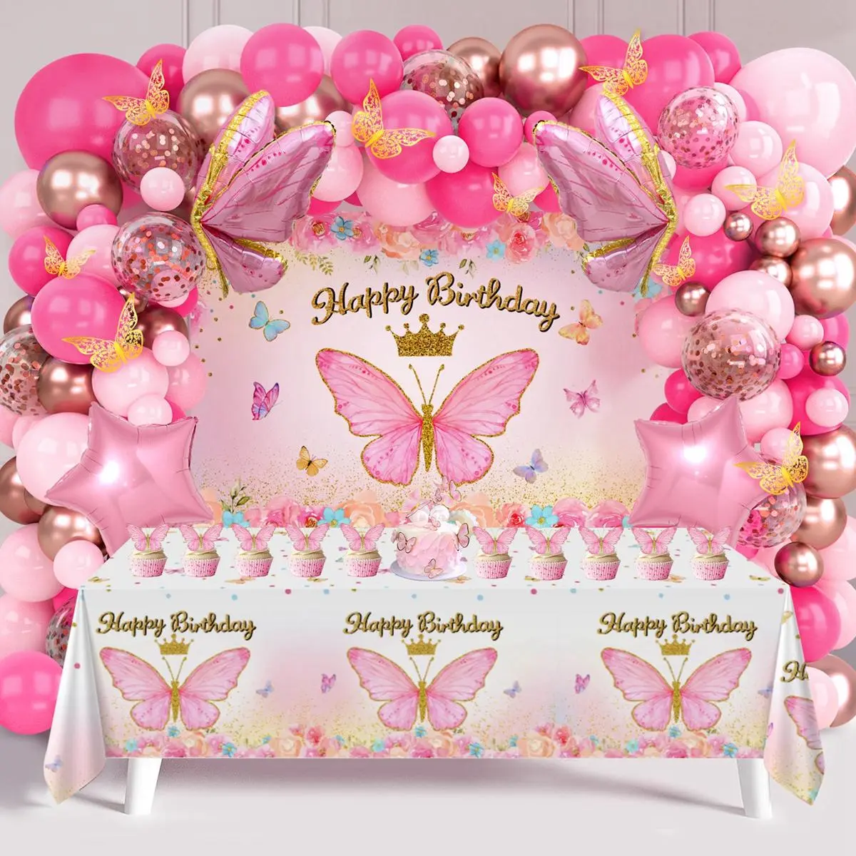 Fun party Butterfly Pink/Purple Balloon Tablecloth Backdrop Set,94pcs Pink Butterfly Latex Balloon Girls Birthday Party Decoration,Happy Birthday  Balloon Arch Kit summervibes,