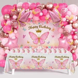 Butterfly Pink/Purple Balloon Tablecloth Backdrop Set,94pcs Pink Butterfly Latex Balloon Girls Birthday Party Decoration,Happy Birthday  Balloon Arch Kit summervibes,summervibes