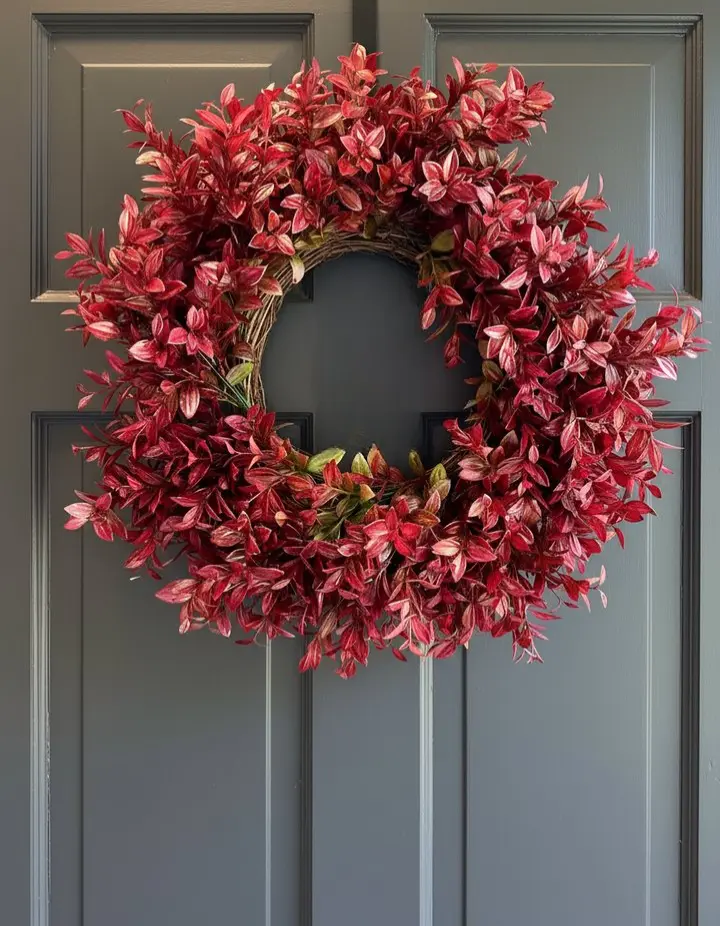 Ophelia Artificial Crimson Foliage Wreath - Round, Lifelike Leaves, Natural Grapevine Base, Indoor/Outdoor, 22-24 Inches, Maintenance-Free, Fall & Holiday Decor