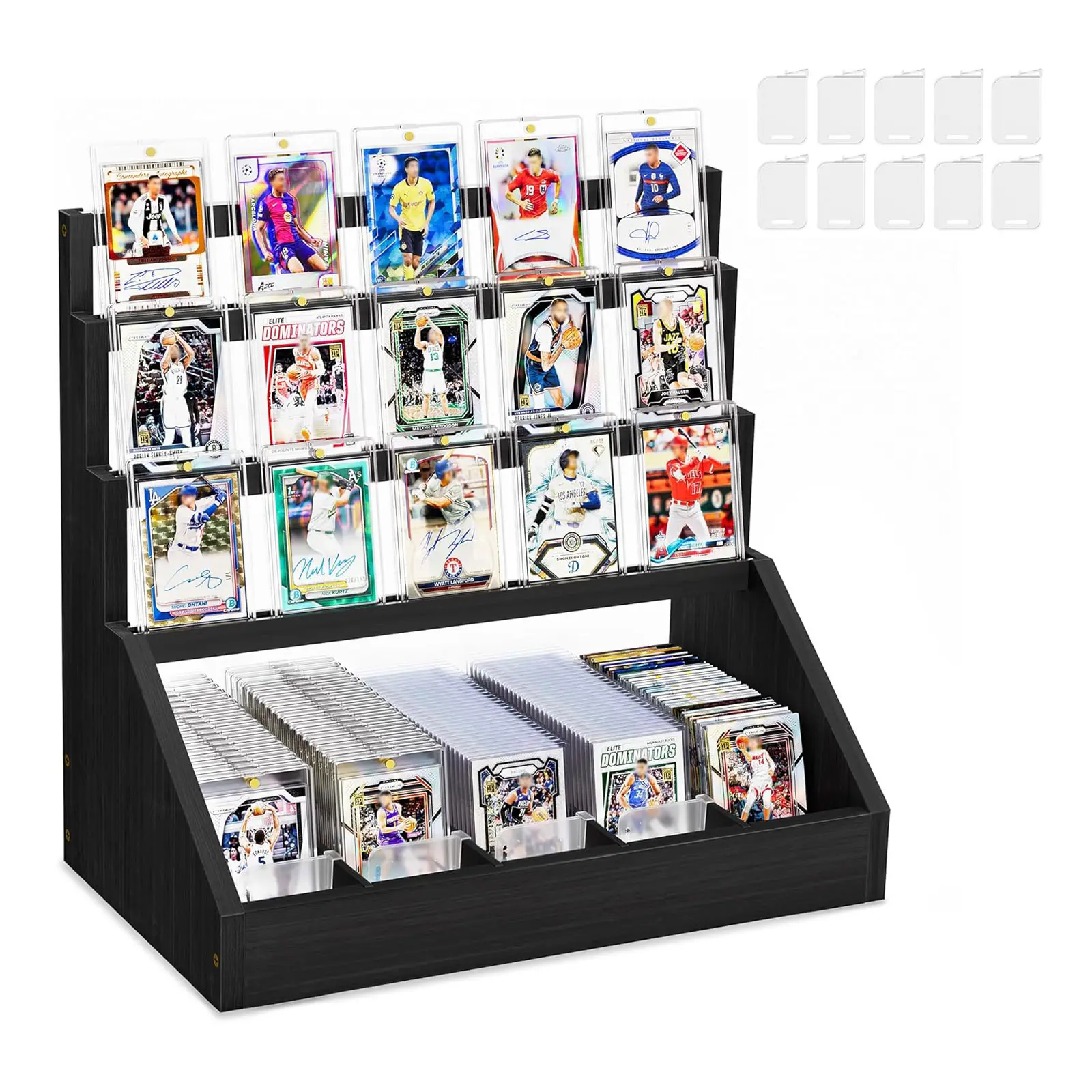 Emfogo Trading Card Display Stand for Graded Card Collection 3-Tier Wooden Sports Card Holder with 5-Row Storage Case Base for PSA Toploader Baseball Basketball Card Game Organizer Rack 17.7x10.2x16.5 Inches Black