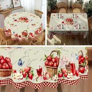 Apple Flower Harvest Theme Tablecloth, Red Apple Flower Butterfly Print, Embossed Edges, Woven Polyester Fabric, Suitable for Home Kitchen, Outdoor Courtyard Garden, Festival Party, Restaurant Cafe, and Banquet Decoration, Picnic Table Cover
