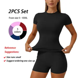 2 piece set women's yoga suit set solid color quick drying short sleeved top with pockets on both sides shorts with tight fit suitable for yoga gym training running cycling golf all season outdoor simple and versatile short sleeved shorts Fitness Outfits