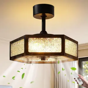 Hexagon Caged Ceiling Fan with Light and Remote 16'' Rustic Flush Mount Ceiling Fan Small Farmhouse Bladeless Ceiling Fan for Bedroom, Kitchen, Dining Room (6 Speed, Timing)-Golden Black