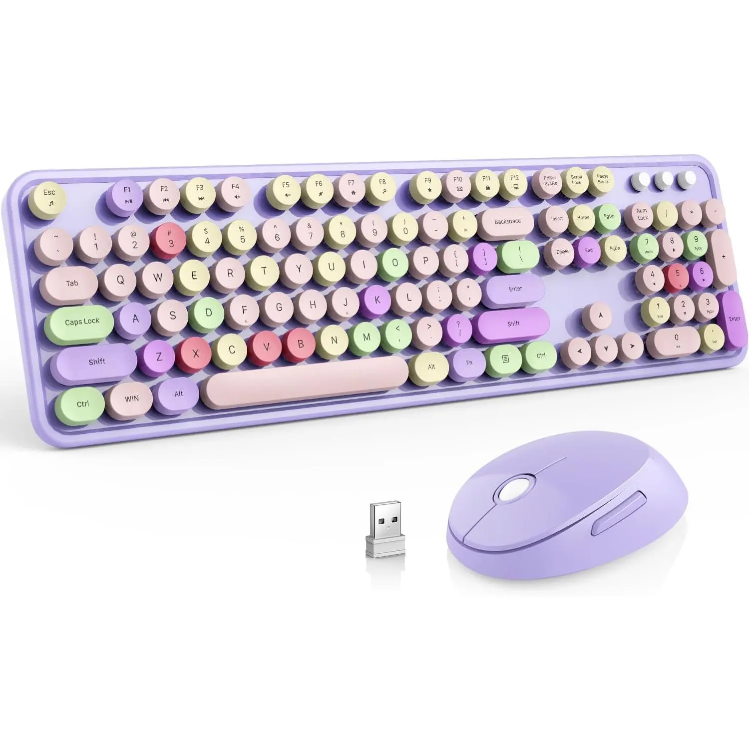 H-24 Energy Efficient Wireless Keyboard and Mouse Plastic Combo Set, Full-Size Retro Round Keyboard with 8 Hotkeys and Media Keys, 2.4 GHz Wireless Plug-and-Play Mouse, Compatible with Mac, Windows (Purple), Laptops