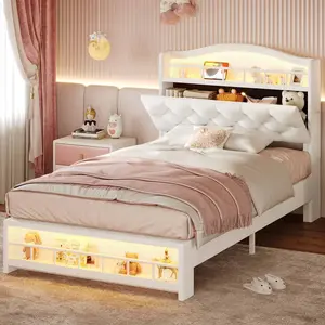 Sikaic Twin Princess Velvet Upholstered Bed Frame Beige Headboard Unique Bedroom Furniture Kids Furniture Bedroom