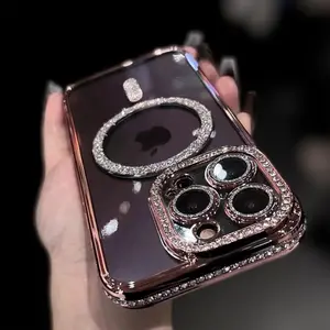 Phone Case Sparkling Crystal Protective Phone Cover Transparent for Iphone 17E 16 15 14 13 12 11 Pro Max Plus Compatible with Magsafe Magnetic Wireless Charging Lens Film Shield