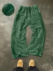 Men's Street Style Cotton Joggers, Loose Fit Wide Leg Pants, Elastic Waist Knit Sportswear, Washed Fabric with Snowflake Effect