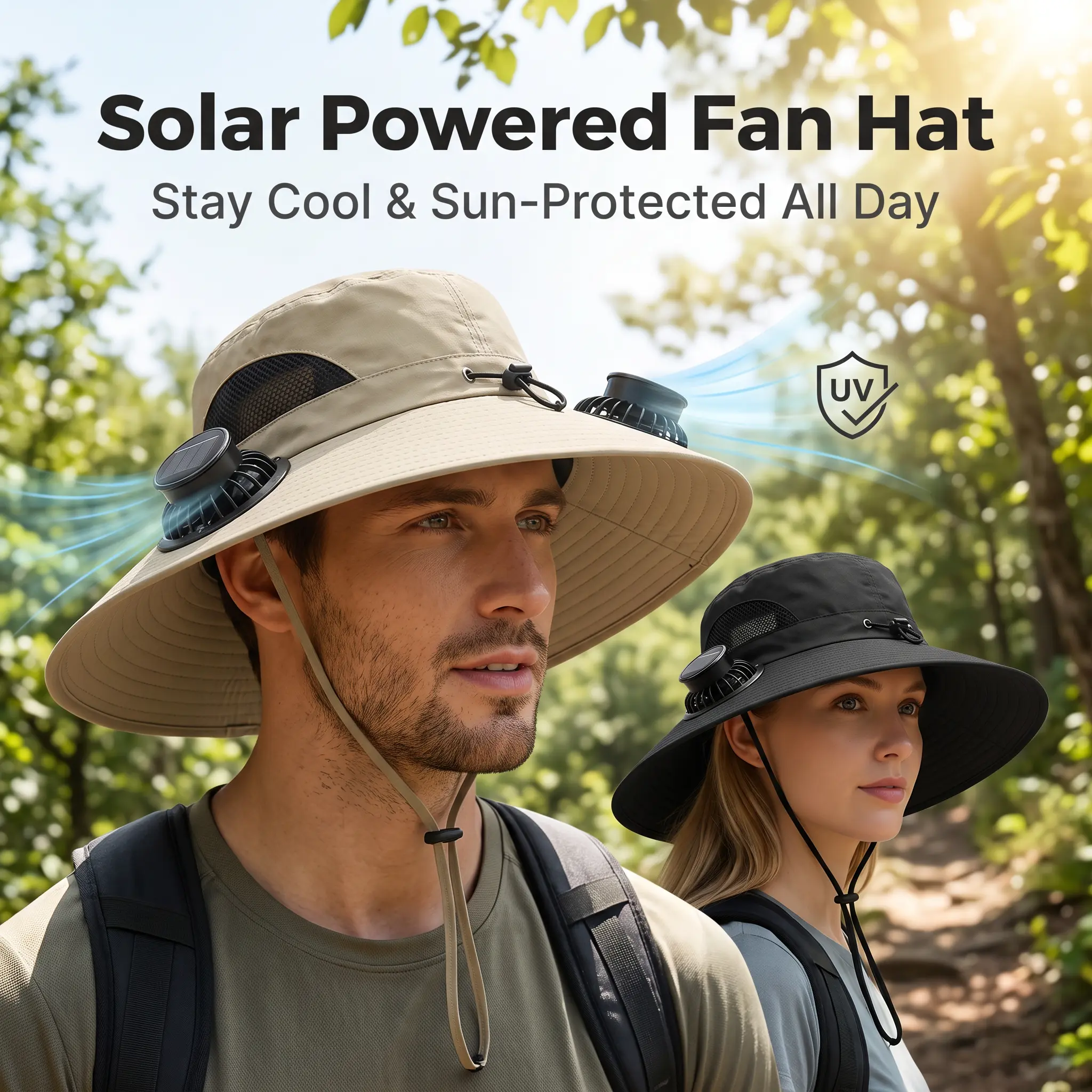 Solar Fan Hat for Men Women,UV Protection Wide Brim Sun Hat with 2 Solar Cooling Fans,Waterproof Outdoor Fishing Hiking Safari Bucket Hat