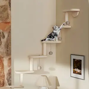 Six-tier DIY modular cat tree with 4 balls - Multi-layer indoor cat tree furniture, space-saving wall-mounted perching platform and play center, multi-layer wooden cat climbing system.