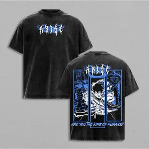 Vintage Washed Sung Jinwoo Anime Print T-shirt, Heavyweight Cotton Loose Fit, Double-sided Print, Unisex Harajuku Street Style Y2K Casual Summer Short Sleeve Top, Daily Outfit Gift for Anime Fans