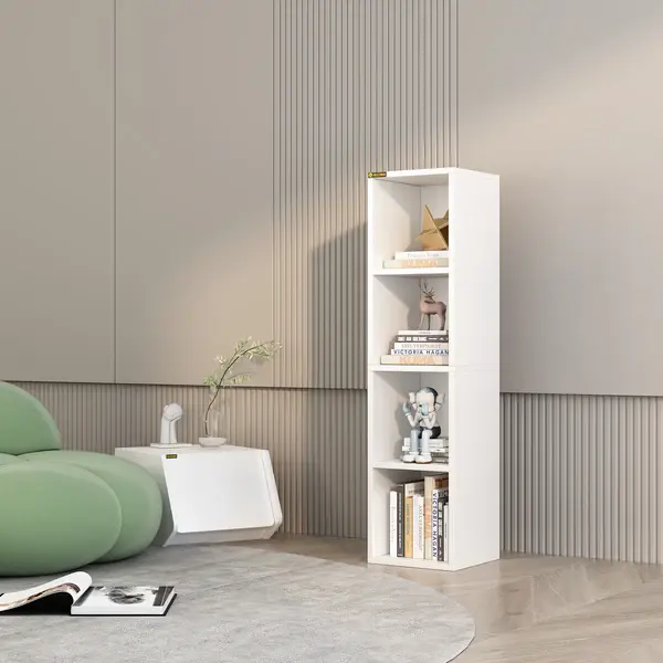 4 Cube Small Bookshelf,  Wooden Corner Shelf, Modern Thin Cubes Storage Organizer Display Shelving for Bedroom, Library, Living Room, Home, Office, Brown Design Aesthetic， floating shelves Minimal Interior