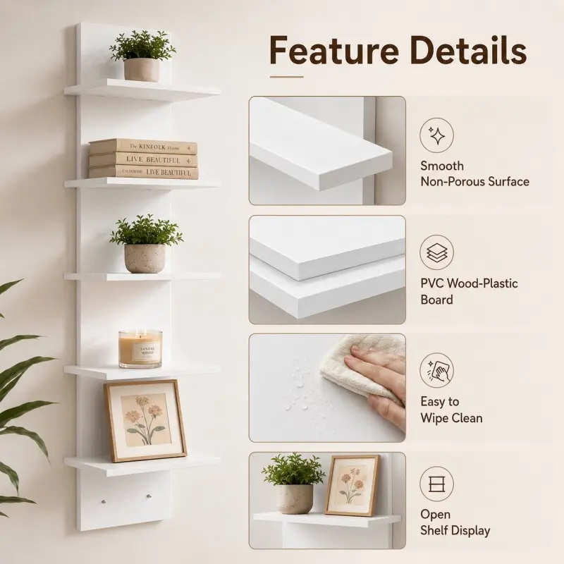 5-layer white PVC wall shelf, Wall mount organizer, Heavy duty floating shelf, Wall mounted shelf, no assembly required, self-adhesive installation, space-saving storage unit, suitable for books, plants, minimalist decor, multi-functional, Organizing