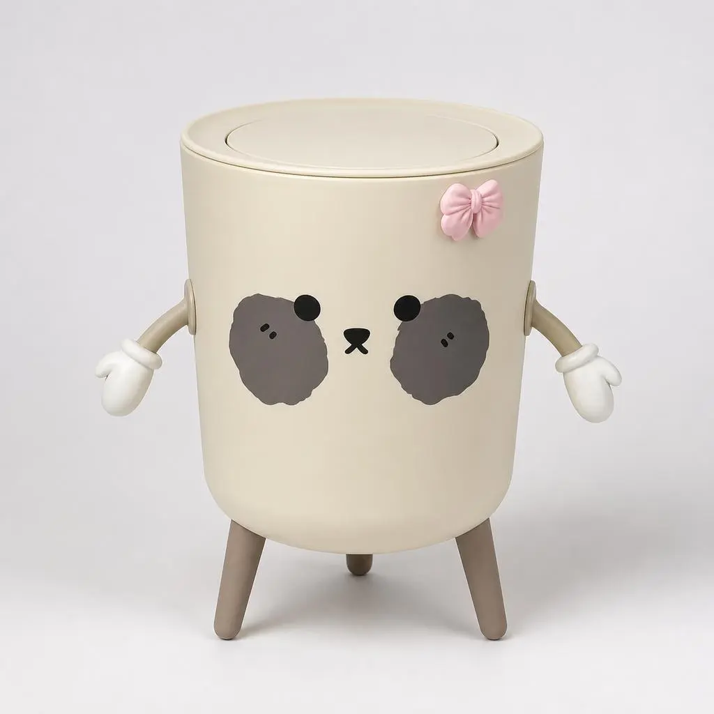 Cute Bear Press-Top Lidded Trash Bin with Wooden Tripod Stand, Inner Fixing Ring & Touchless Sleek Lid - Deodorizing Indoor Recycling Bin, Room Accessories for Bedrooms & Small Apartments dual compartment smart sensor soft-close bathroom home office
