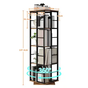 4-Tier 360° Rotating Bookshelf | Metal + Engineered Wood | White / Brown / Black | Freestanding Spinning Book Tower | 15.75 x 15.75 x 53.94 in
