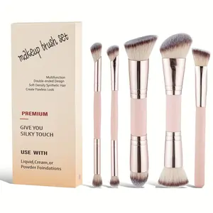 Premium 5Pcs Double-Ended Multifunctional Makeup Brush Set - Beauty Duo Brush - Soft Synthetic Hair for Liquid/Cream/Powder Foundation, Contour & Blush - Rose Gold & Pink Handle