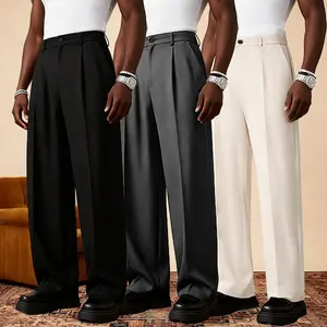 Men's 3-Pack Wide-Leg Pleated Dress Pants - Black/Gray/Beige, High Waist, Relaxed Fit, Stylish for Work & Casual Wear, Perfect for Everyday Occasions