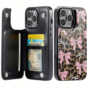 Leopard print and pink and white bow pattern, leather, wallet-style phone case, multifunctional phone case, can store credit cards and bank cards, suitable for iPhone 17/16/15/14/13/12, a perfect gift for friends, family, and personal use.