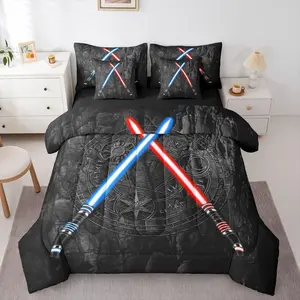 Queen Bedding Sets, 7-Piece Lightsaber Bedding Set with Soft Breathable 3D Neon Blue Red Comforter, Geometric Sun Moon Round Fitted Sheet, Flat Sheet, Printed Blanket and Quilt Cover for Kids