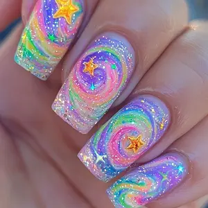 Rabbit & Flower Pattern Iridescent Glitter Fake Nails, 24pcs Removable False Nails for Women Nail Art, Effortless Press on Nails Manicure Set