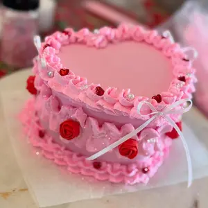 Valentine  Pink Coquette Sparkly Faux Mini Heart Cake with Red Hearts/ Handmade / Tier Tray Decor / Perfect to for Cake Stand / Galentine