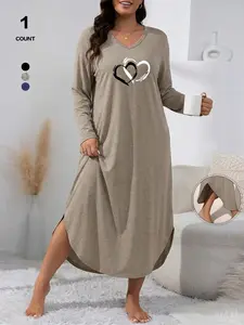 Women's V-Neck Long Sleeve Nightgown, Soft Casual Womenswear Loungewear Dress with Pockets, Heart Print Sleepwear, Loose-Fitting, All Seasons