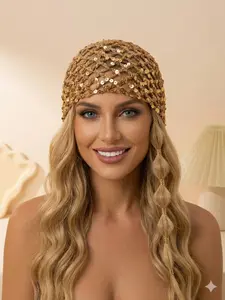 Women's Fashion Hollow Crochet Sequin Beanie, Stylish Hat, Stylish Winter Accessory, Perfect for Daily Use, Trendy Headwear for All Seasons